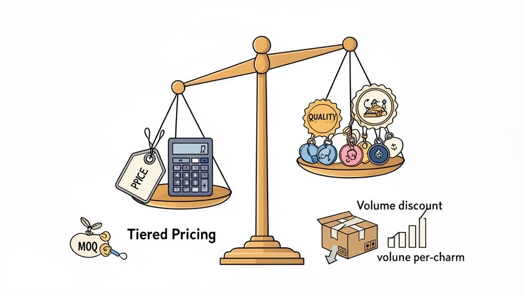 Illustration of tiered pricing, balancing price and MOQ against quality and volume discounts for charms.
