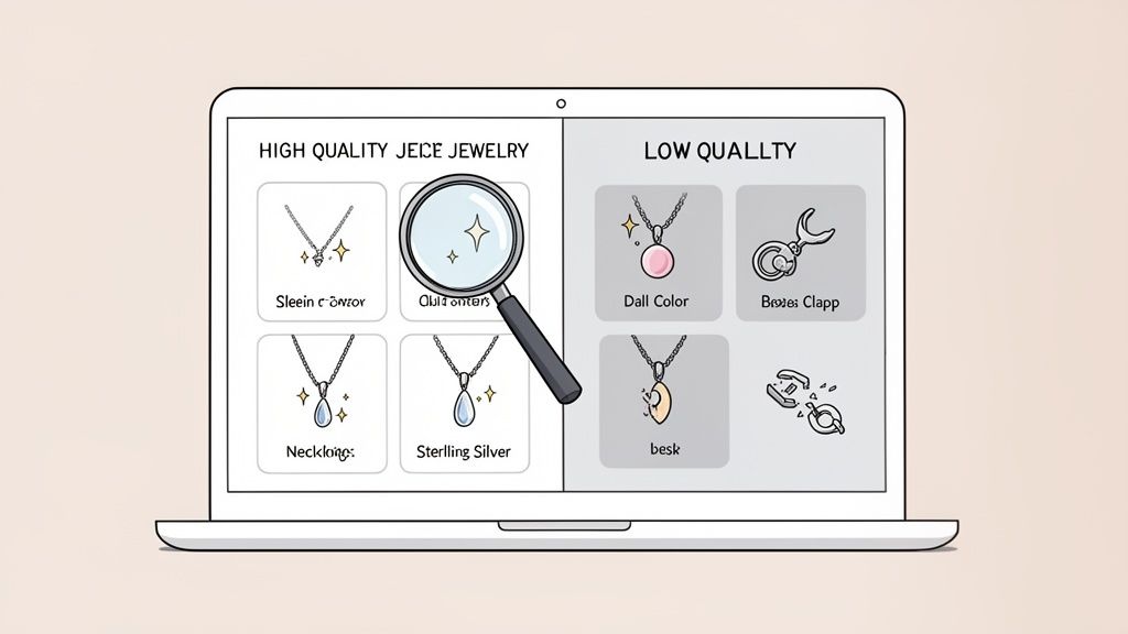 A laptop screen displays a comparison of high-quality versus low-quality jewelry, showing shiny and broken necklaces.