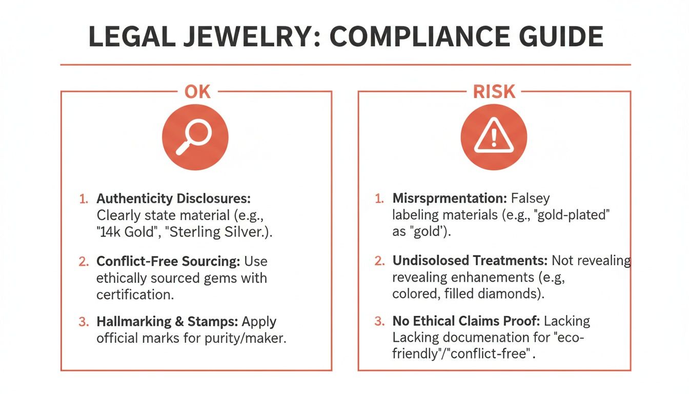 A legal jewelry compliance guide showing OK practices for authenticity, sourcing, and hallmarking, versus risks like misrepresentation and undisclosed treatments.
