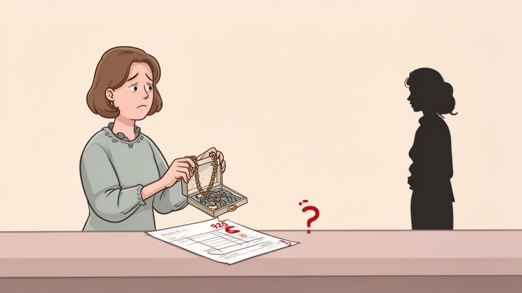 A concerned woman holds a jewelry box with a receipt, facing a customer's silhouette.