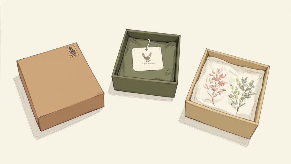 Eco-friendly jewelry gift box surrounded by green leaves.
