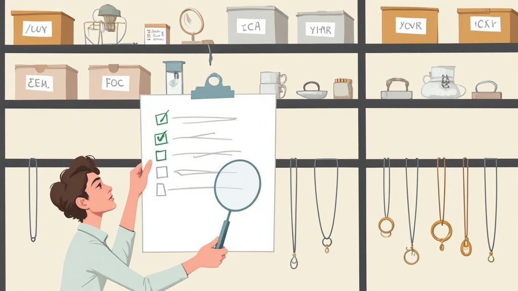 A person inspects hanging necklaces and labeled boxes on shelves with a checklist and magnifying glass.
