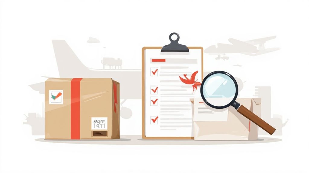 Logistics and customs inspection concept with shipping box, checklist, and magnifying glass illustration
