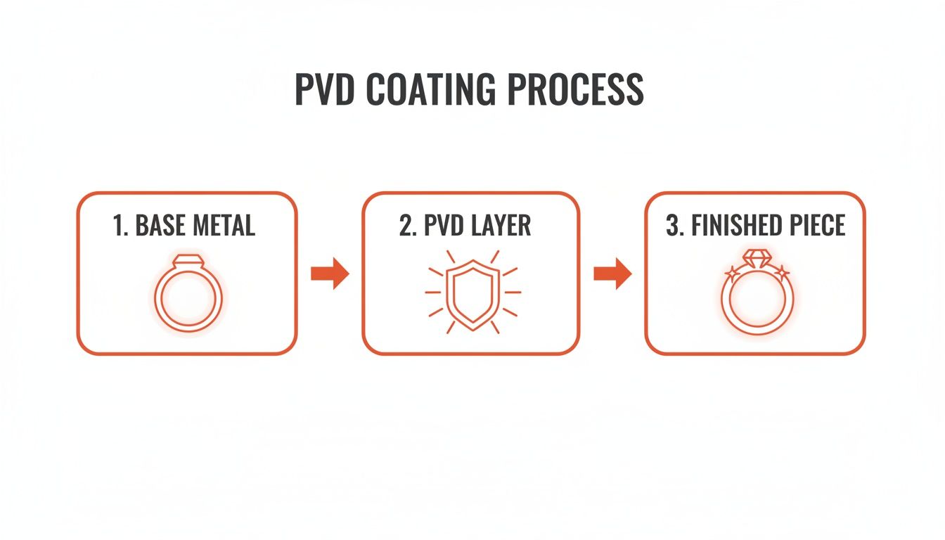 Diagram illustrating the PVD coating process for jewelry, showing base metal, PVD layer, and finished piece.