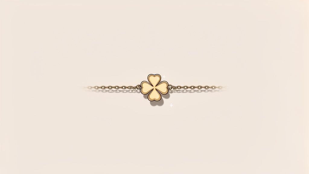A delicate gold chain bracelet features a glowing four-leaf clover charm, symbolizing luck and elegance.