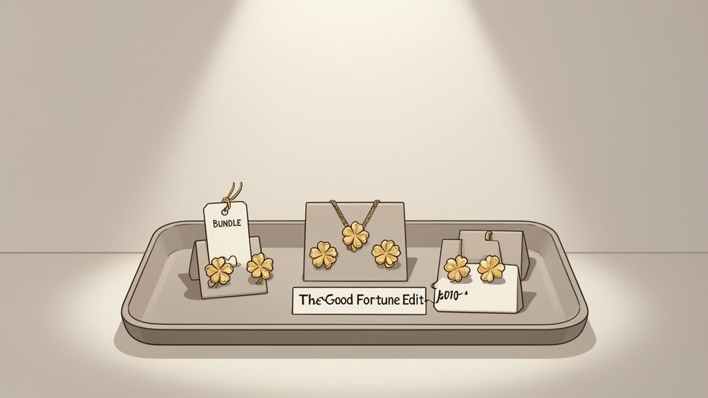 A minimalist display of golden four-leaf clover jewelry, featuring a necklace and two pairs of earrings, on a gray tray.