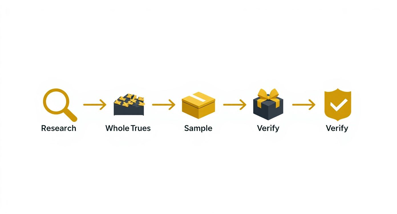 A diagram illustrating a process flow with steps: Research, Whole Trues, Sample, and Verify.