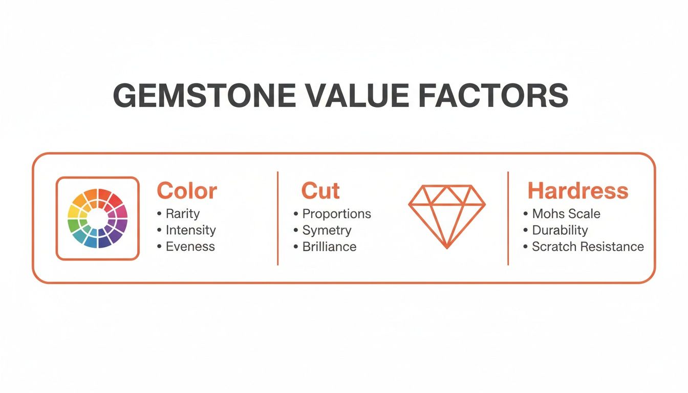 An infographic illustrating gemstone value factors including color, cut, and hardness criteria.