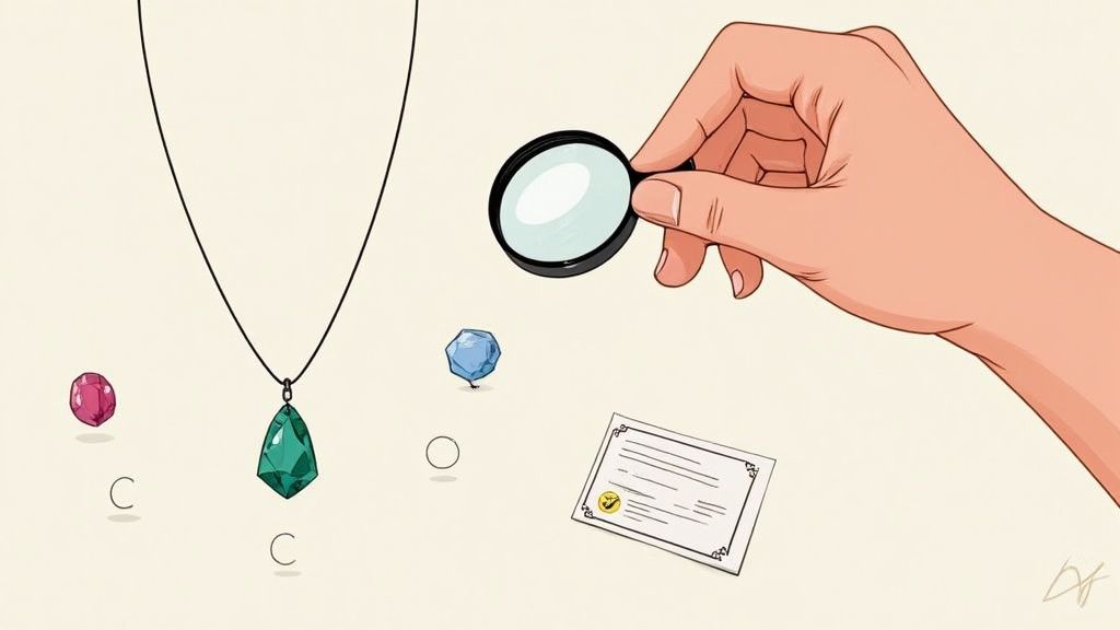 A jeweler inspecting a gemstone with a loupe, symbolizing quality control.