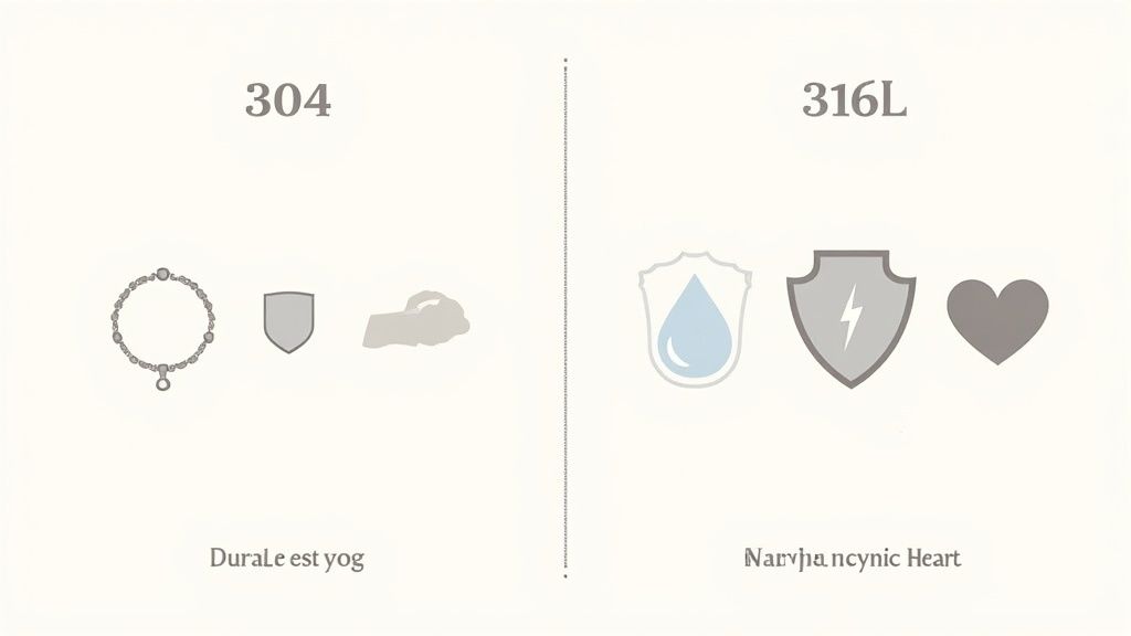 Infographic comparing 304 and 316L stainless steel properties like jewelry use, durability, and resistance.