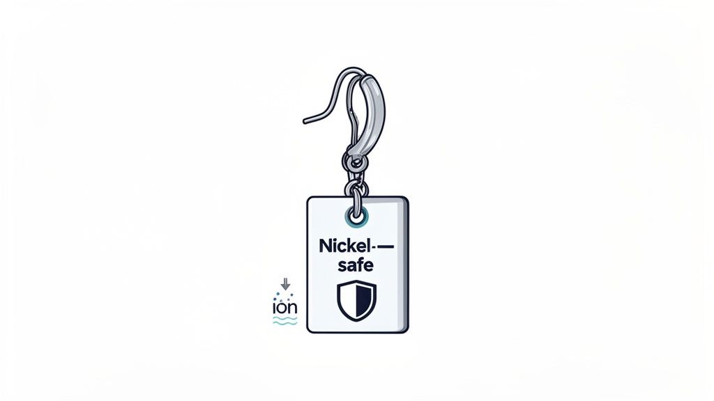 An earring with a white rectangular tag that reads "Nickel-safe" and displays a shield icon, indicating hypoallergenic properties.
