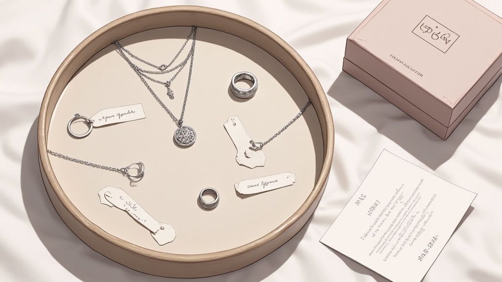 A person carefully arranging a sterling silver necklace and earring set in a branded jewelry box.