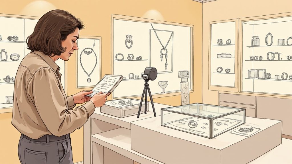 A woman examines jewelry inventory on a tablet in a store with display cases and a camera.