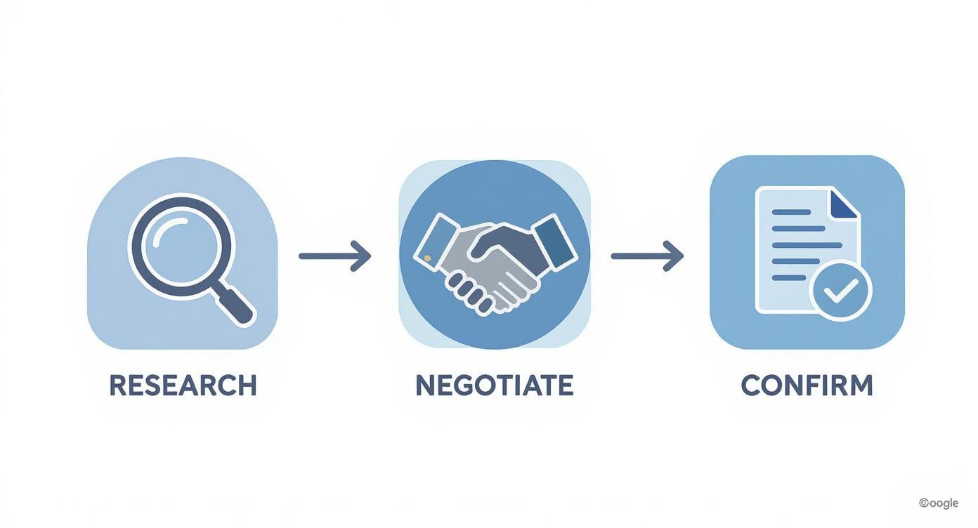 Three step business process workflow showing research magnifying glass, negotiation handshake, and document confirmation icons