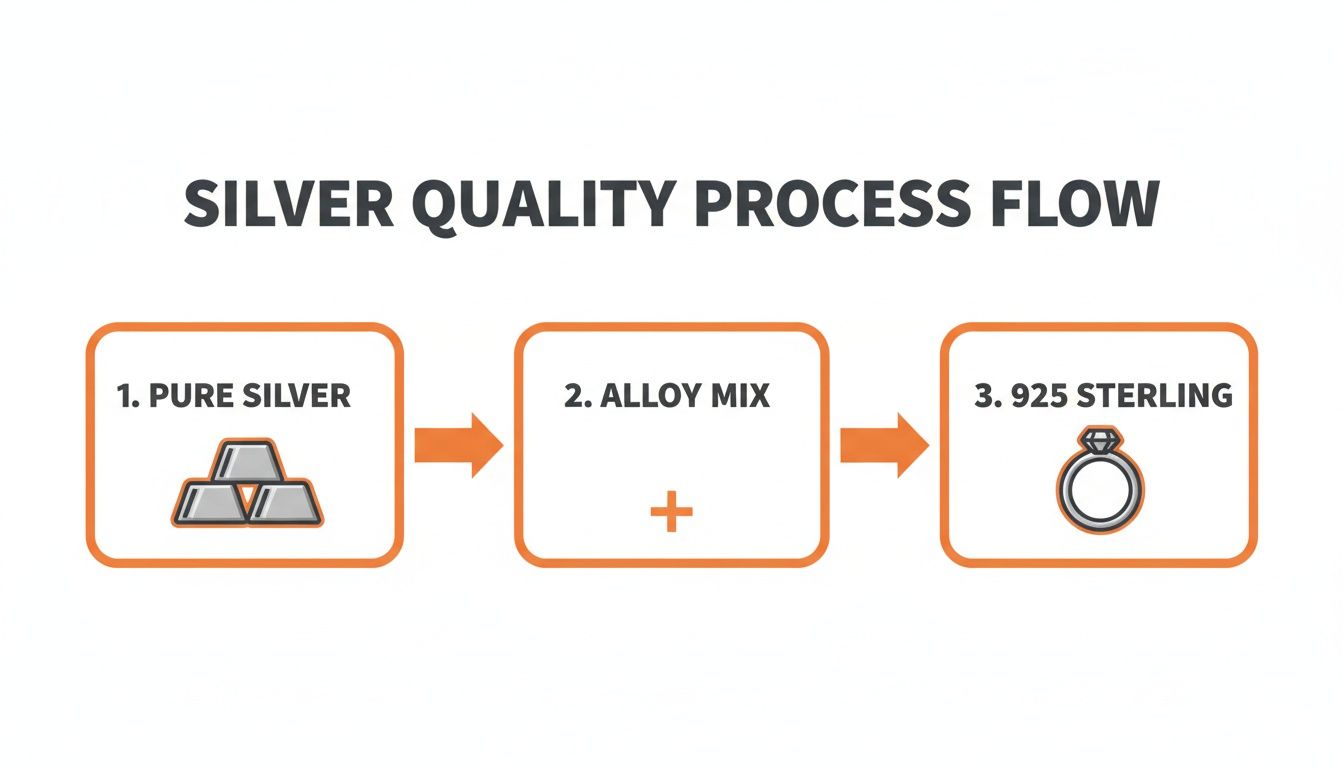 A clear flowchart illustrates the silver quality process: from pure silver ingots, through an alloy mix, to finished 925 sterling silver jewelry.