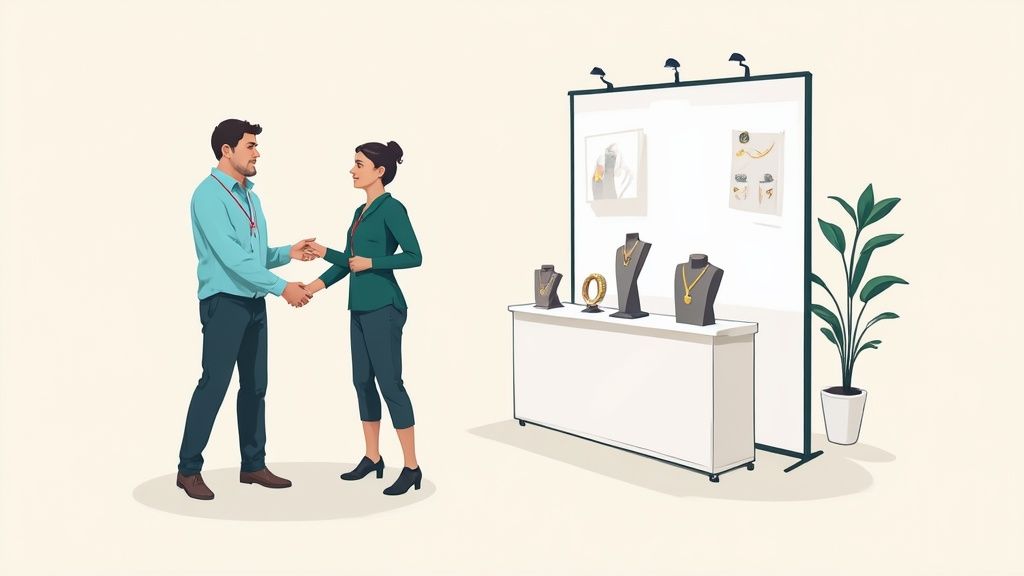 Two people shaking hands at a jewelry trade show booth with displayed necklaces and rings.