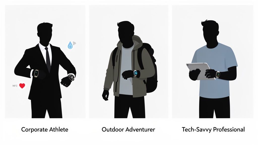 Three male figures representing different lifestyles: a corporate athlete, outdoor adventurer, and tech-savvy professional, all wearing smartwatches.