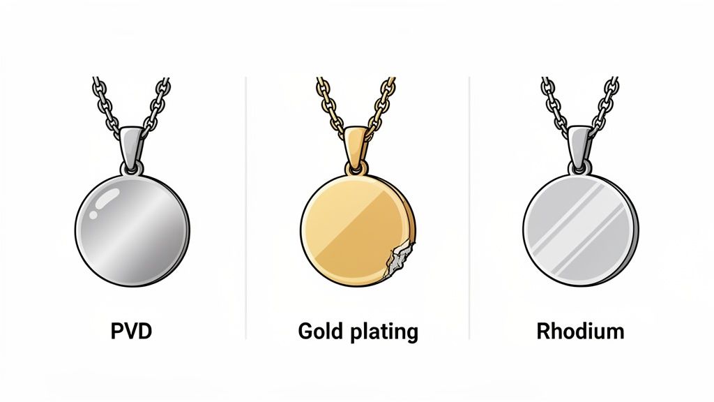 Three necklaces illustrating PVD, chipped gold plating, and rhodium coatings on round pendants.