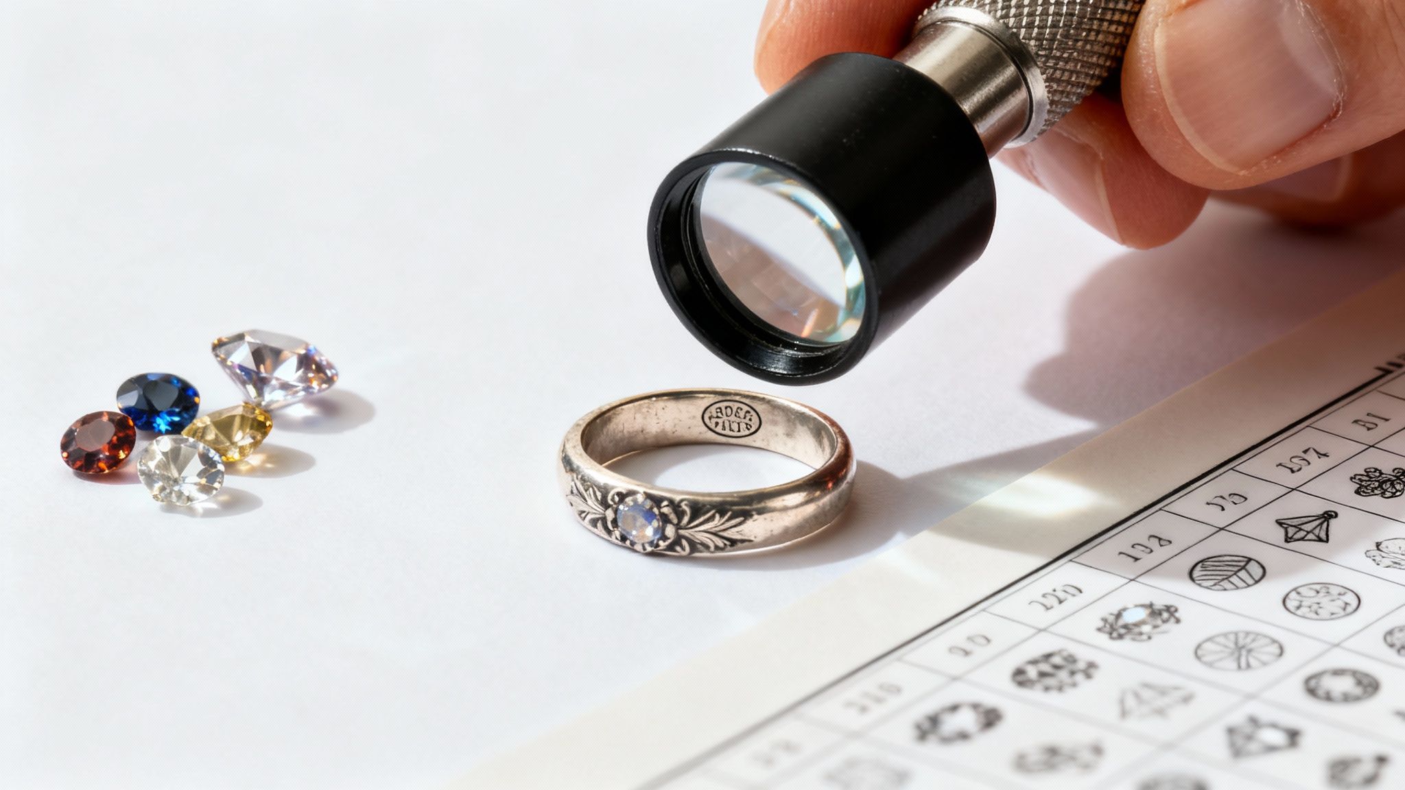 A close-up of a jeweler using a loupe to inspect a vintage gemstone ring.
