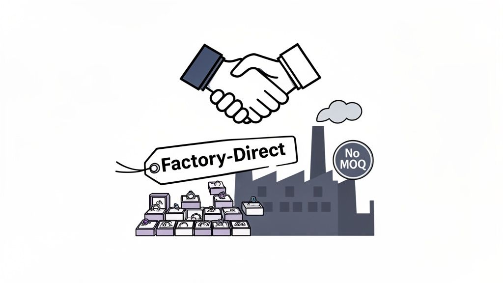 Graphic showing a handshake, factory, jewelry, and labels for 'Factory-Direct' and 'No MOQ'.