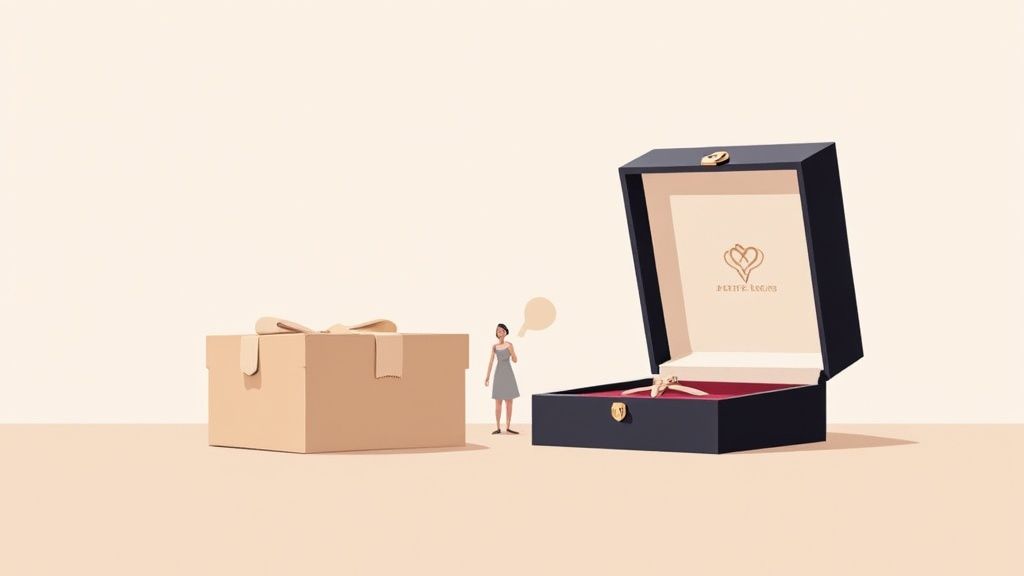 A small woman looks surprised at an open jewelry box displaying a necklace, next to a large closed gift box.