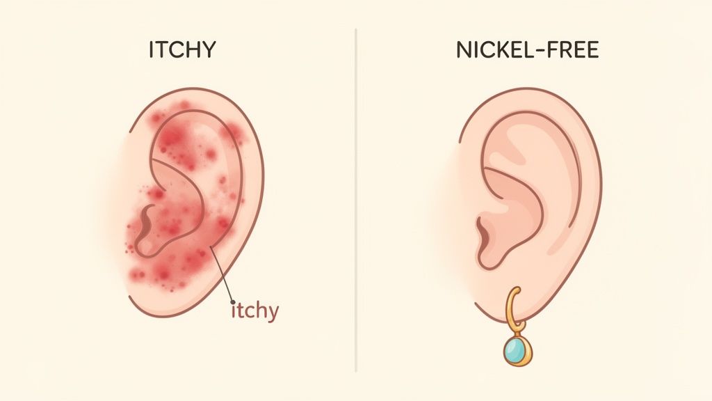 An infographic comparing an itchy, red ear, possibly an allergy, with a healthy ear wearing a nickel-free earring.