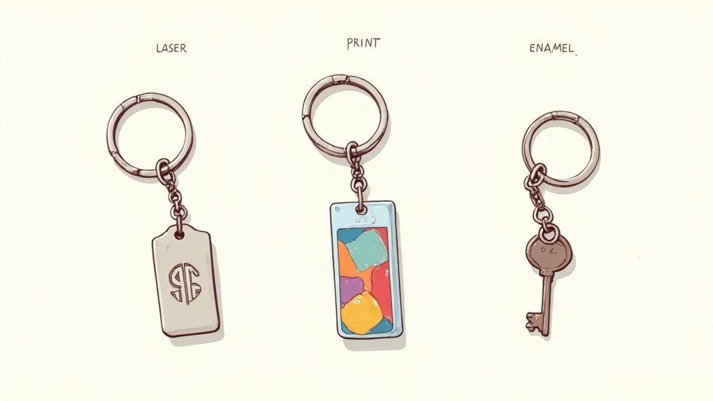 Three custom keychains illustrating laser engraving, print, and enamel design techniques.