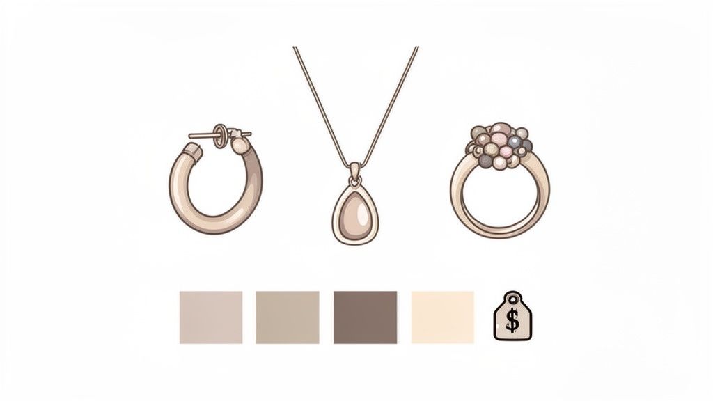 Three pieces of light-toned designer-inspired jewelry, including an earring, necklace, and multi-stone ring.