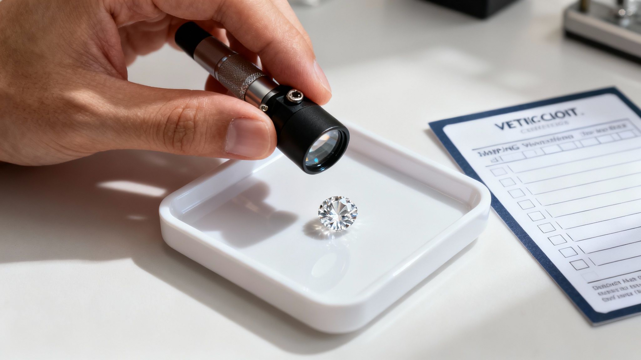 A jewelry expert using a loupe to inspect a moissanite gemstone set in a ring.