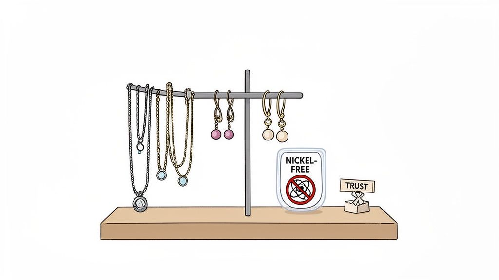 A display of various necklaces and earrings on a jewelry stand, featuring a nickel-free sign and a trust sign.