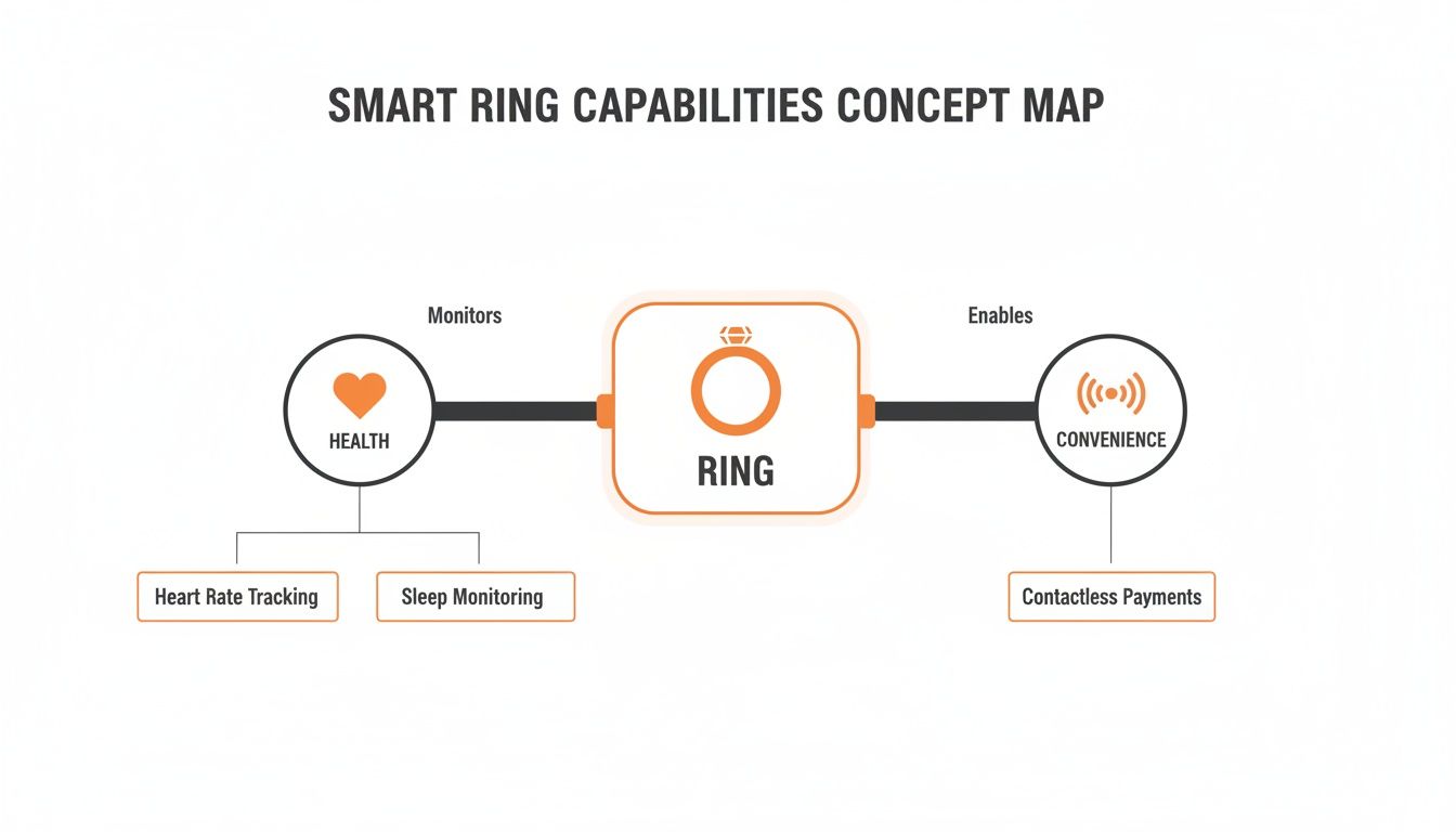 A concept map illustrates smart ring capabilities, showing health monitoring and contactless payment features.