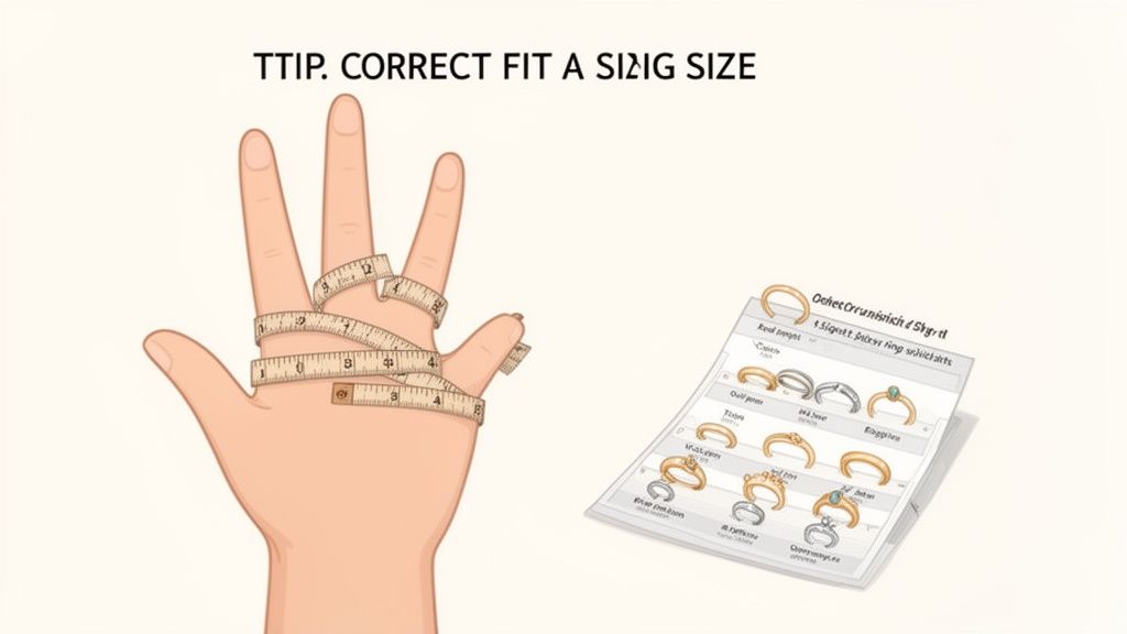 A hand with a measuring tape for ring sizing, alongside a ring selection and size guide.
