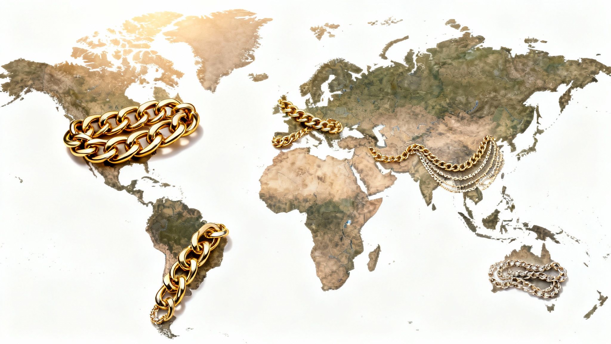 A collage of diverse models wearing various styles of jewelry chains, showcasing global trends.