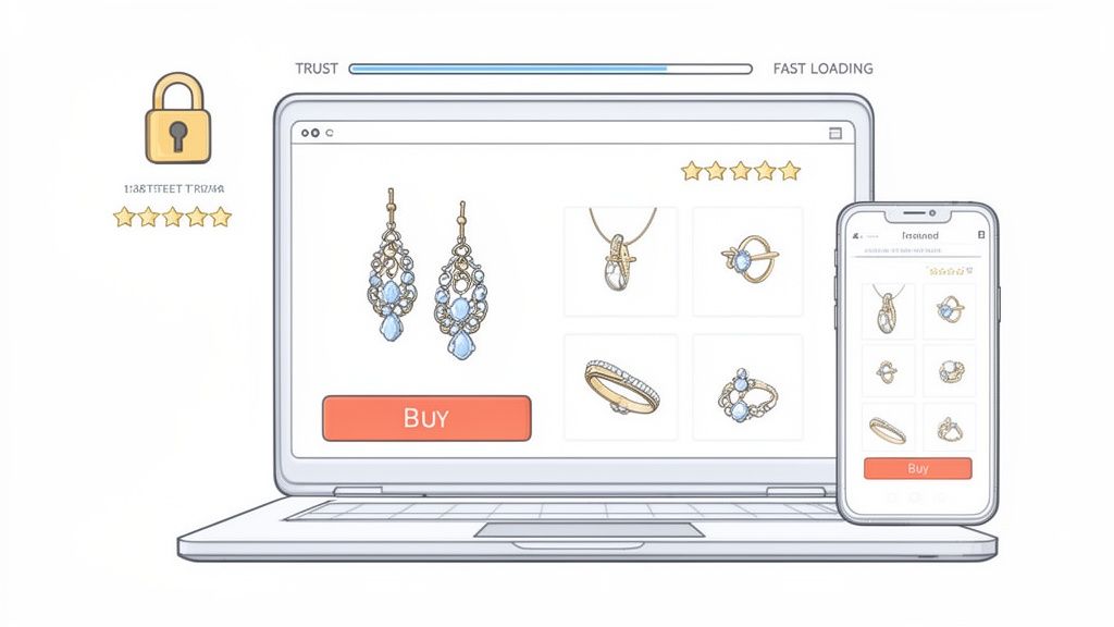Illustration of an online jewelry store displayed on a laptop and smartphone, emphasizing trust and fast loading.