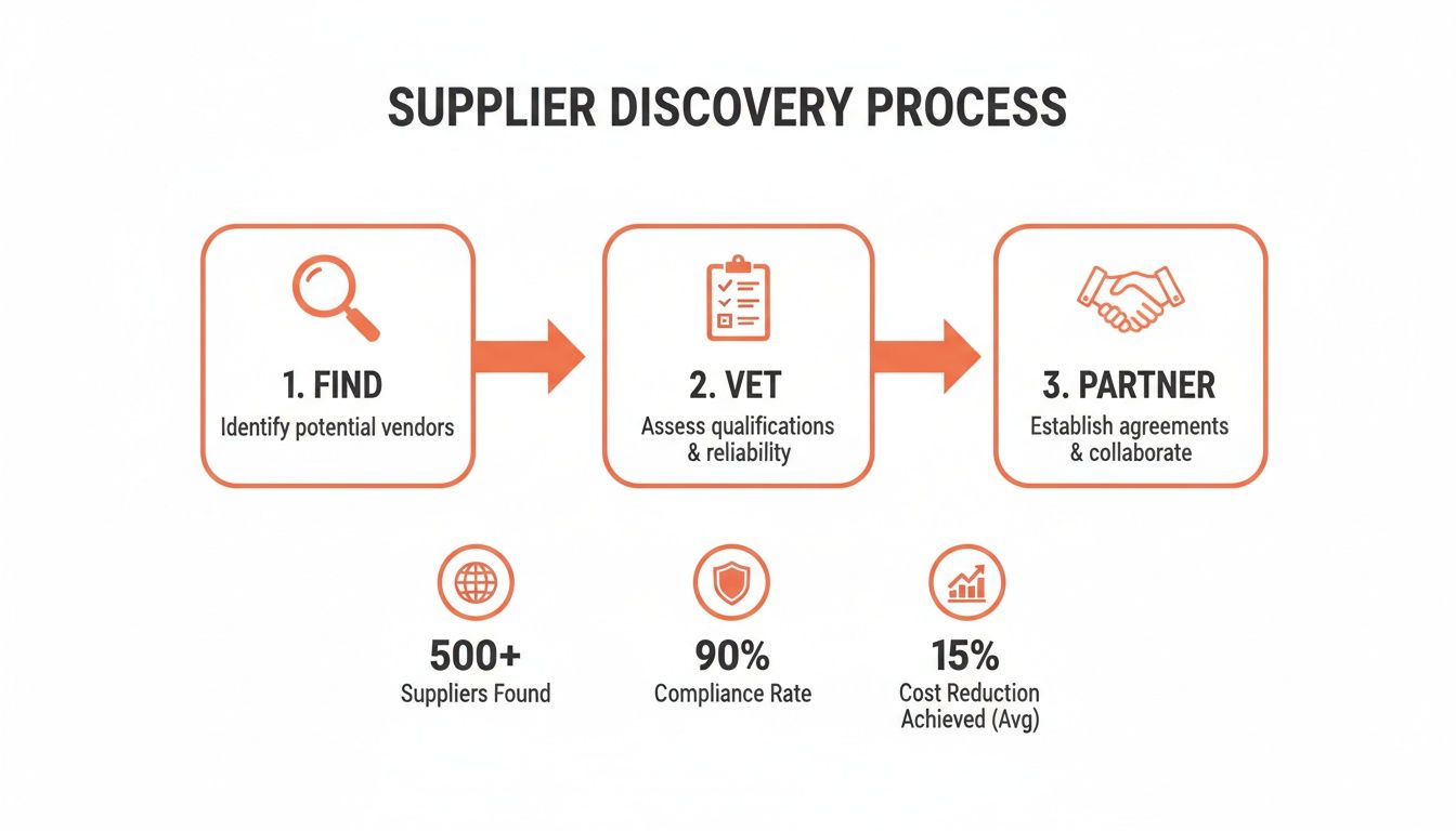 Supplier discovery process infographic showing steps Find, Vet, Partner, and key metrics like compliance and cost reduction.