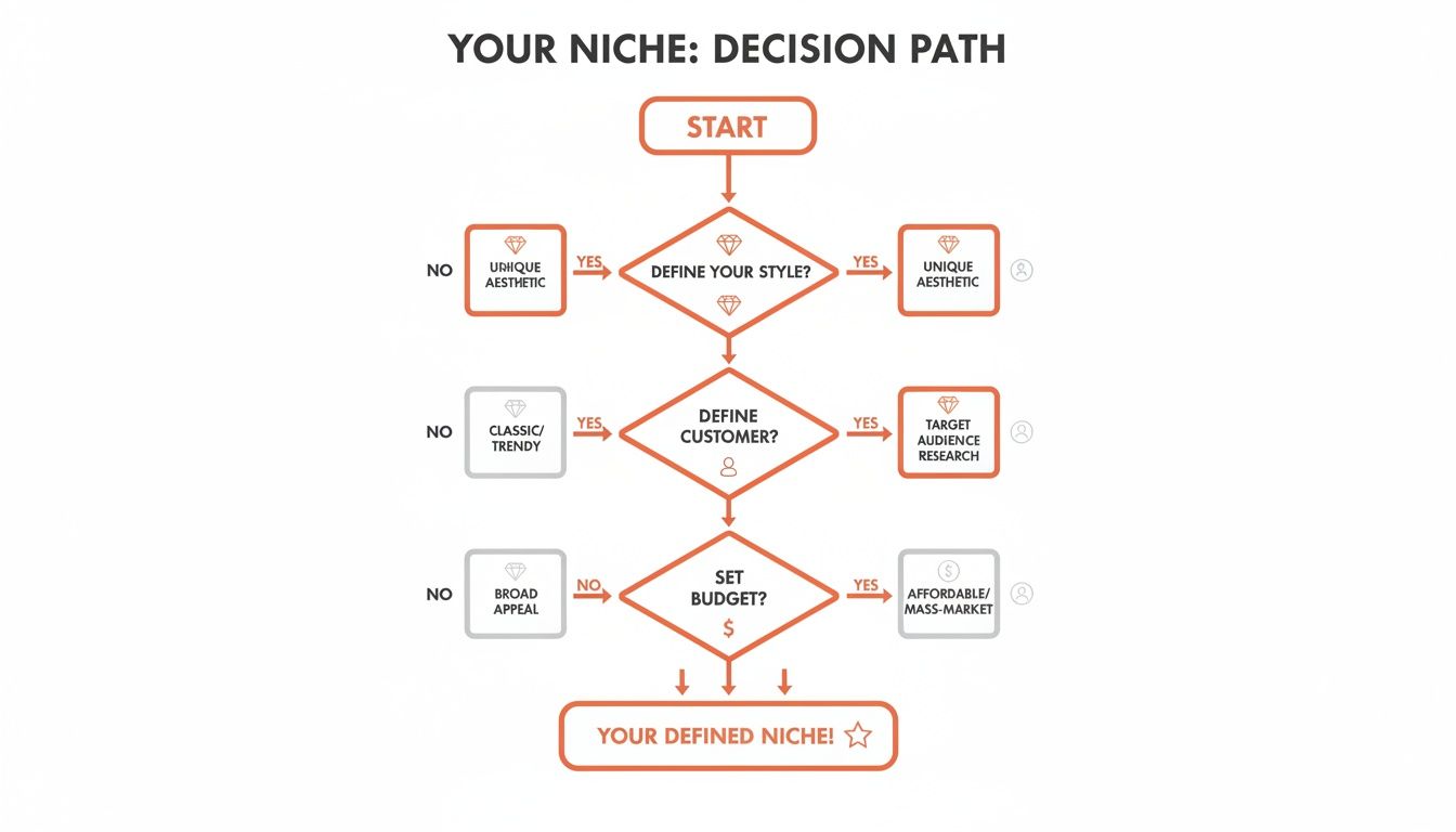 A flowchart illustrating the decision path to define your business niche, covering style, customer, and budget.