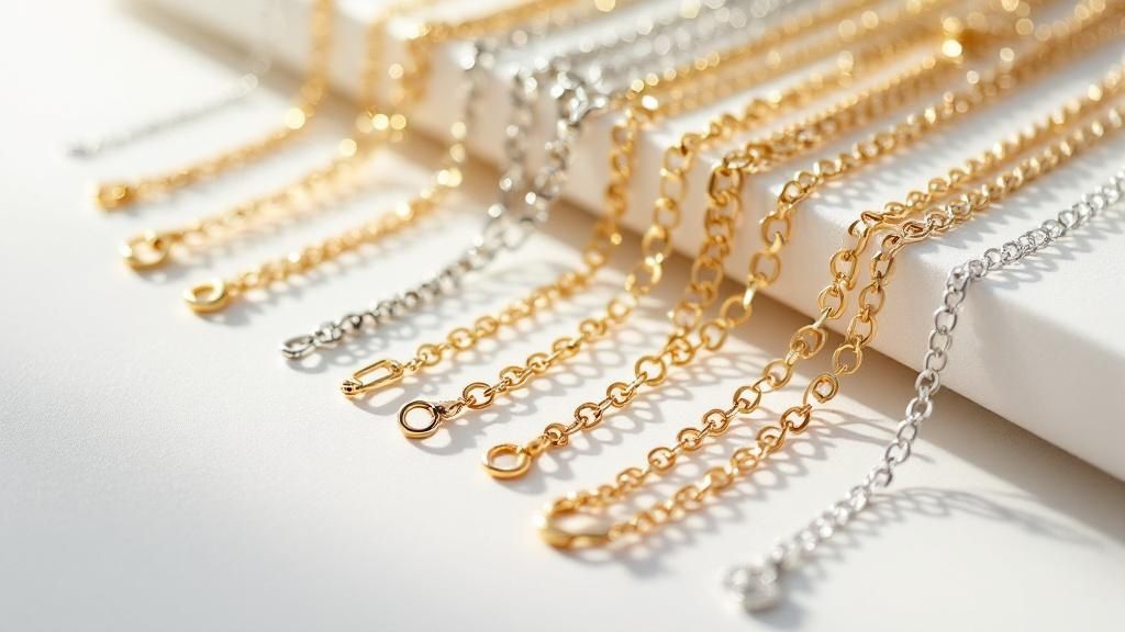 A close-up of a jeweler's hands meticulously inspecting a gold chain with a loupe, symbolizing quality control.