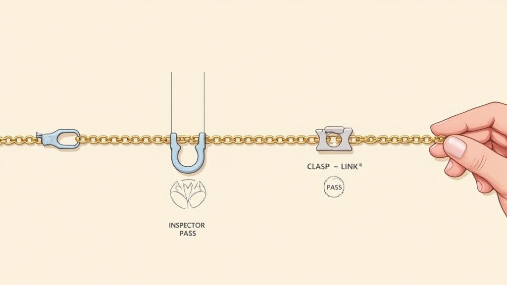 A close-up view of a person inspecting the quality of a bulk chain jewelry order.