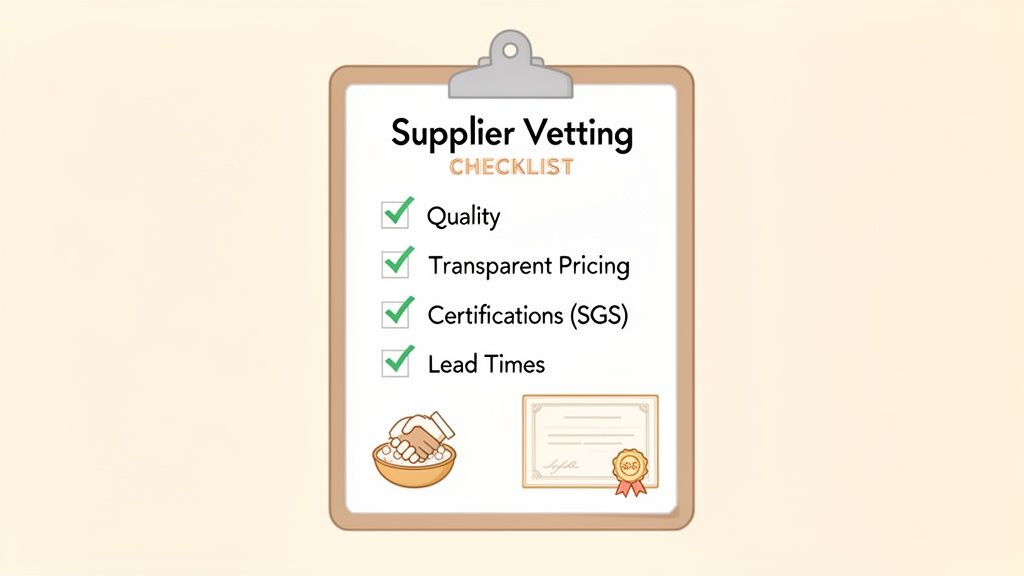 An illustrated supplier vetting checklist on a clipboard covering quality, transparent pricing, certifications, and lead times.
