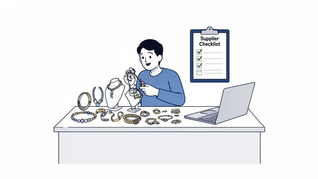 A person inspects various costume jewelry pieces on a desk with a laptop and supplier checklist.