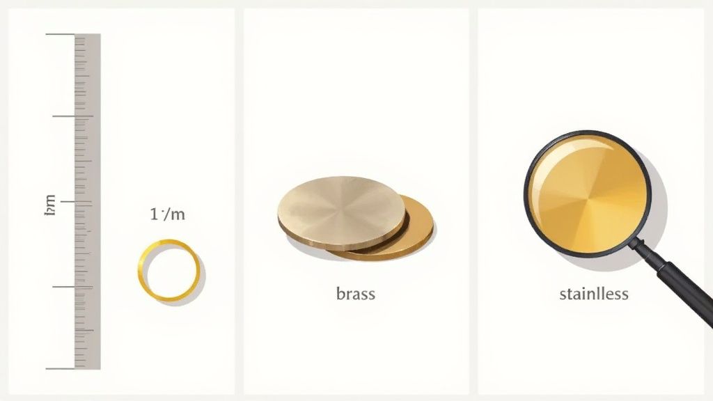 Three panels display a ruler with a gold ring, brass metal discs, and a magnifying glass.