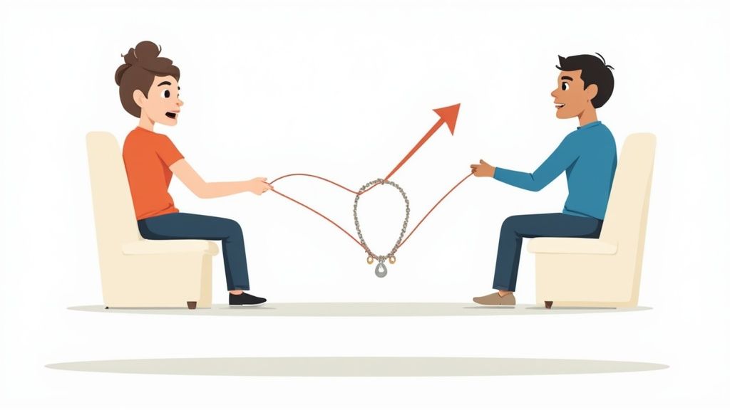 Two people pull a string tied to a silver necklace with pendants, symbolizing a rising trend.