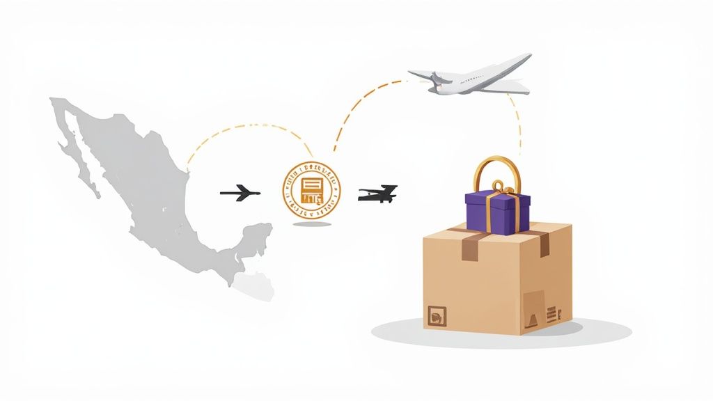 Illustration depicting a map of Mexico, airplanes, a golden coin symbol, and a gift box on a package, representing international shipping.