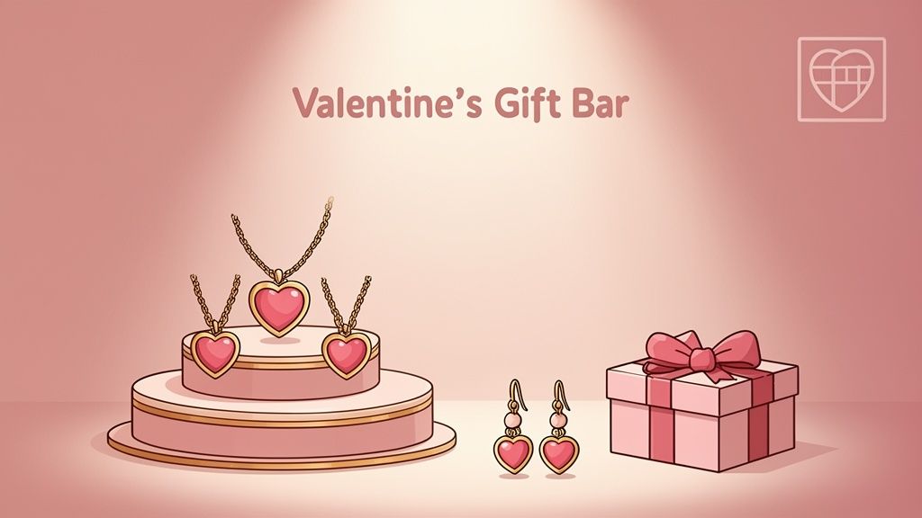 Valentine's Day jewelry display featuring heart pendants, earrings, and a gift box on a pink background.