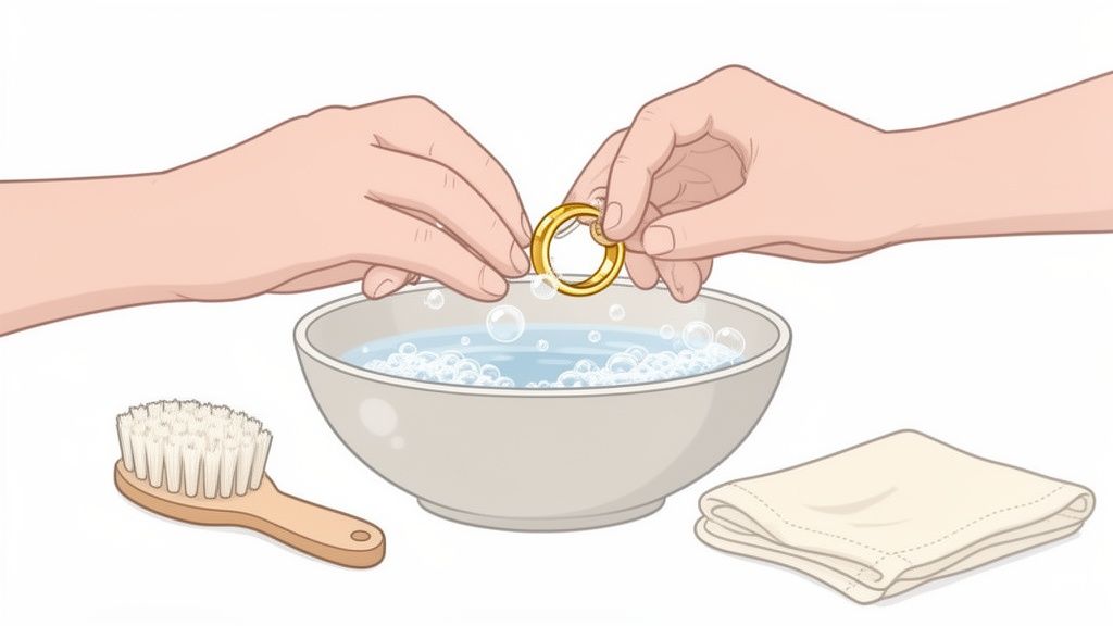 Two hands gently cleaning a gold ring in a bowl of soapy water, with a brush and cloth nearby.