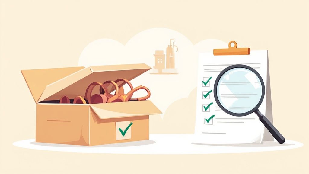 An open cardboard box filled with bulk items, likely keyrings, next to a checklist and magnifying glass.