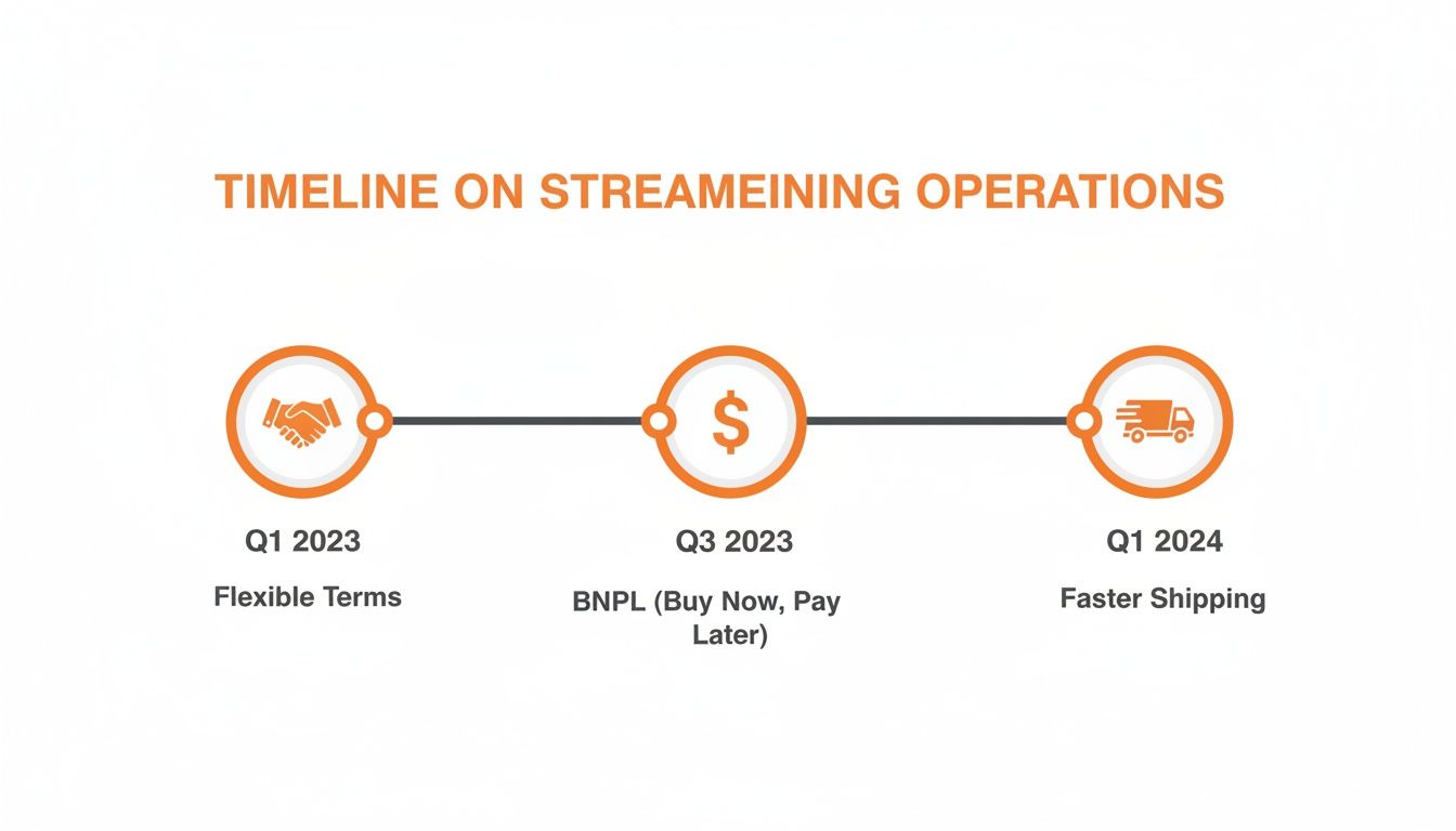 Timeline showcasing operational streamlining efforts across three quarters, highlighting flexible terms, BNPL, and faster shipping.