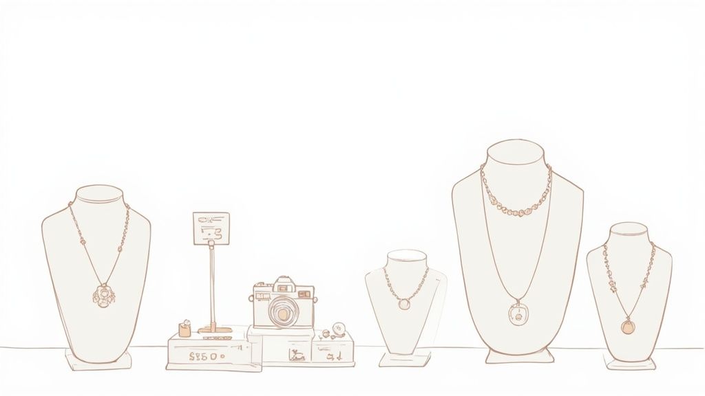 A sketch-style image showing a variety of necklaces displayed on busts alongside a vintage camera and price tags.