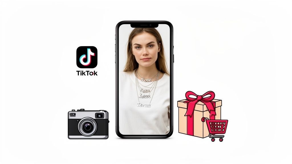 A phone shows a woman wearing layered letter name necklaces, next to TikTok logo, camera, gift, and shopping cart.