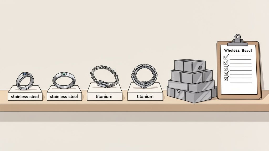 A shelf displays stainless steel rings, titanium bracelets, metal blocks, and a checklist.